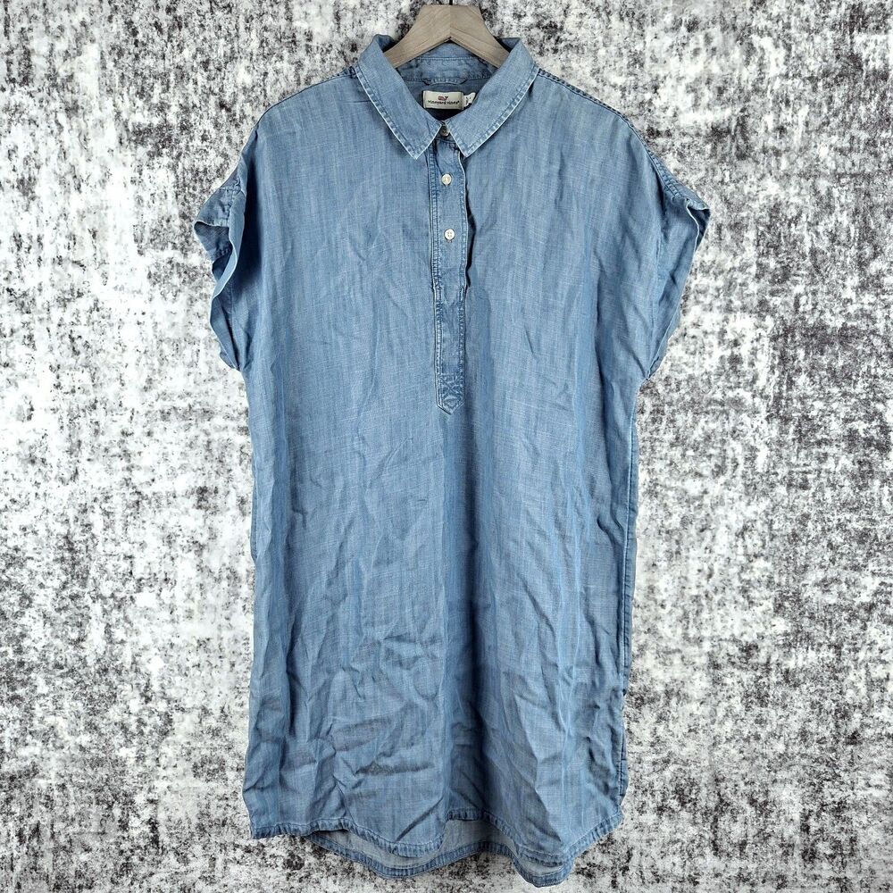 Vineyard Vines Dress Womens 14 Blue Chambray Shirt Dress Lyocell Casual Coastal